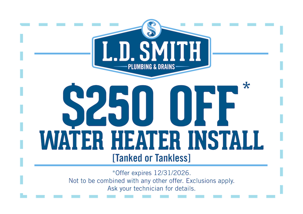 Coupon for $250 off water heater install from L.D. Smith Plumbing & Drains (tanked or tankless) with terms below.