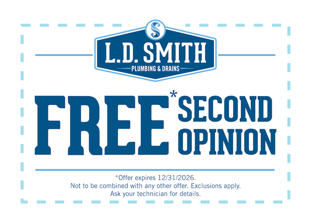 L.D. Smith Plumbing & Drains logo with a bold 'FREE SECOND OPINION' offer text on a white and blue sign.