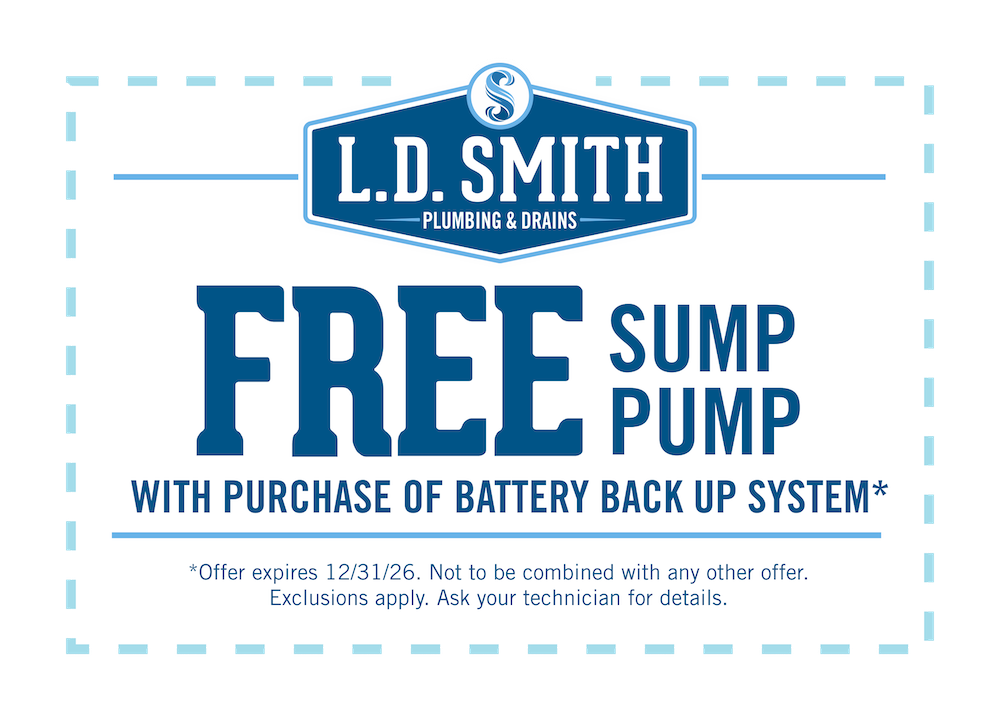 Promotional banner for L.D. Smith Plumbing: FREE SUMP PUMP with purchase of a battery back‑up system.