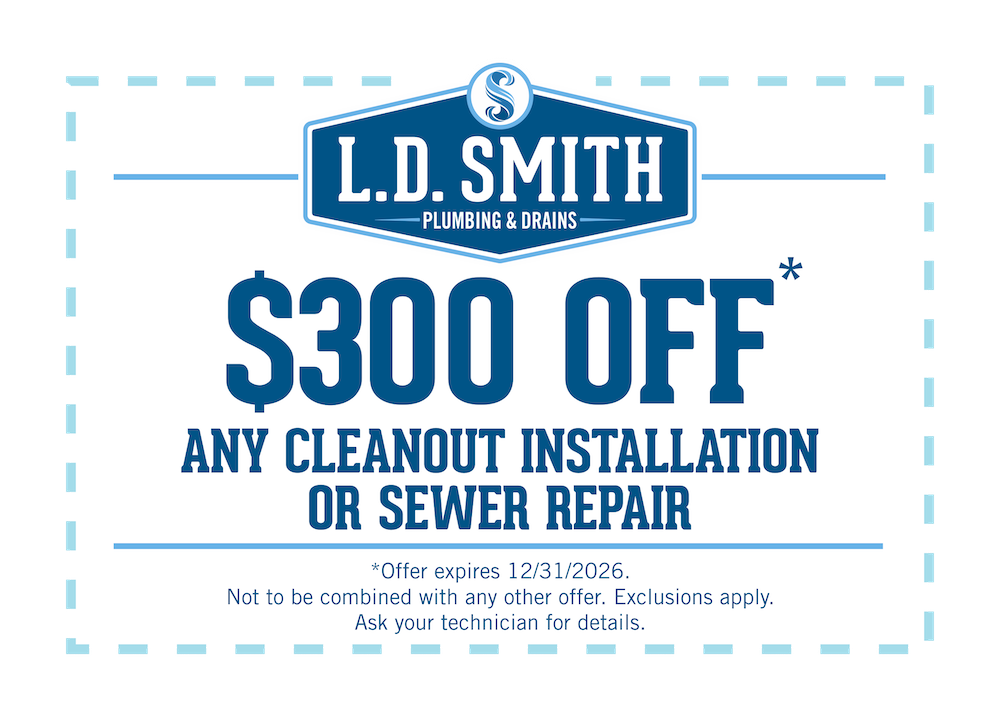Coupon for L.D. Smith Plumbing offering $300 off cleanout installation or sewer repair (expires 12/31/2026).